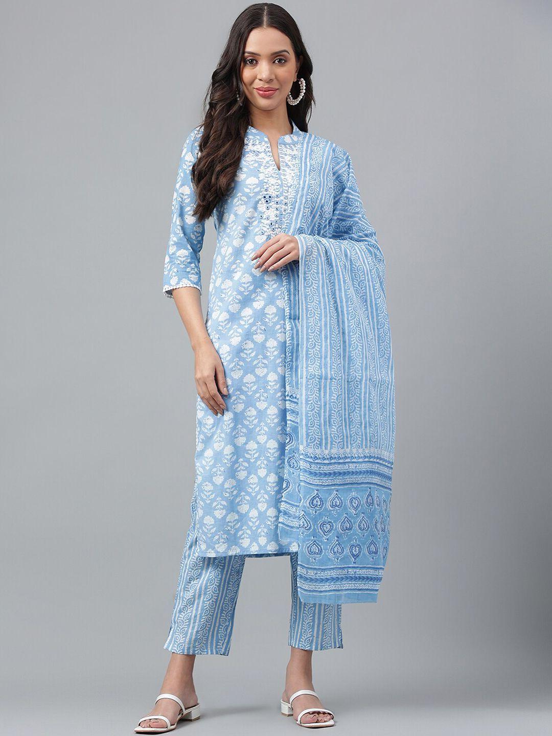 misbis floral printed thread work pure cotton kurta with trousers & with dupatta