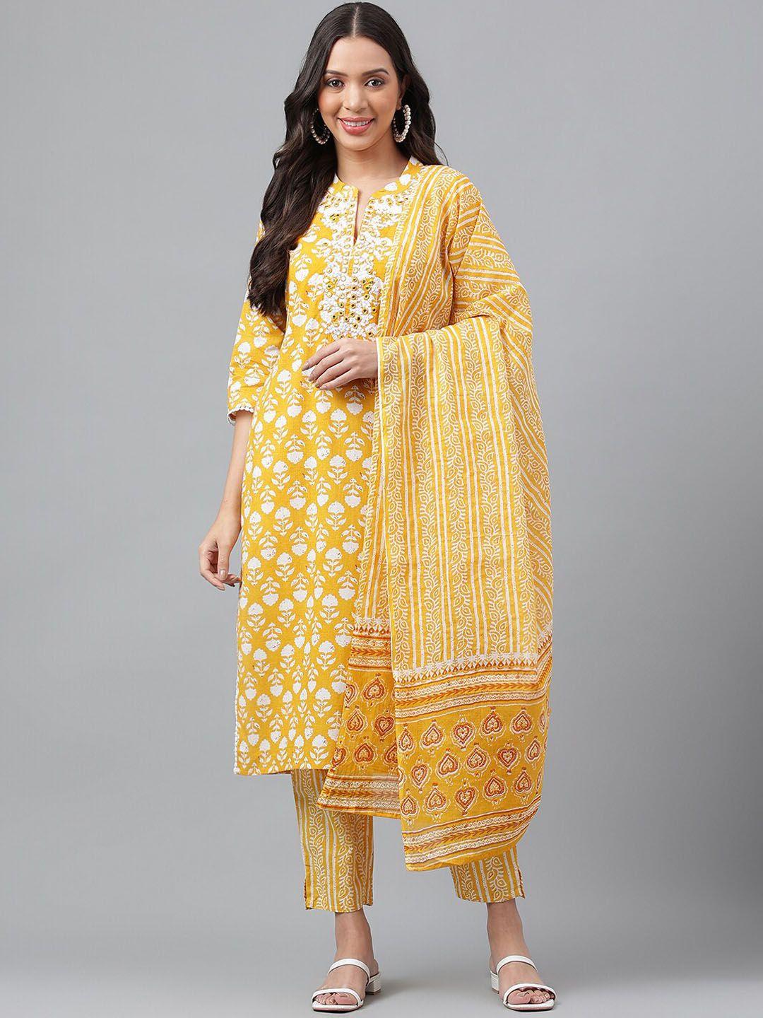 misbis floral printed thread work pure cotton kurta with trousers & with dupatta