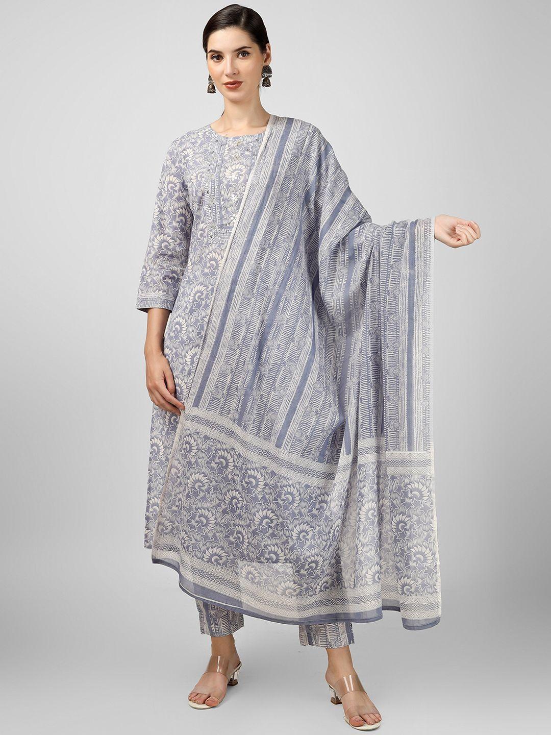 misbis printed regular thread work pure cotton kurta with trousers & with dupatta