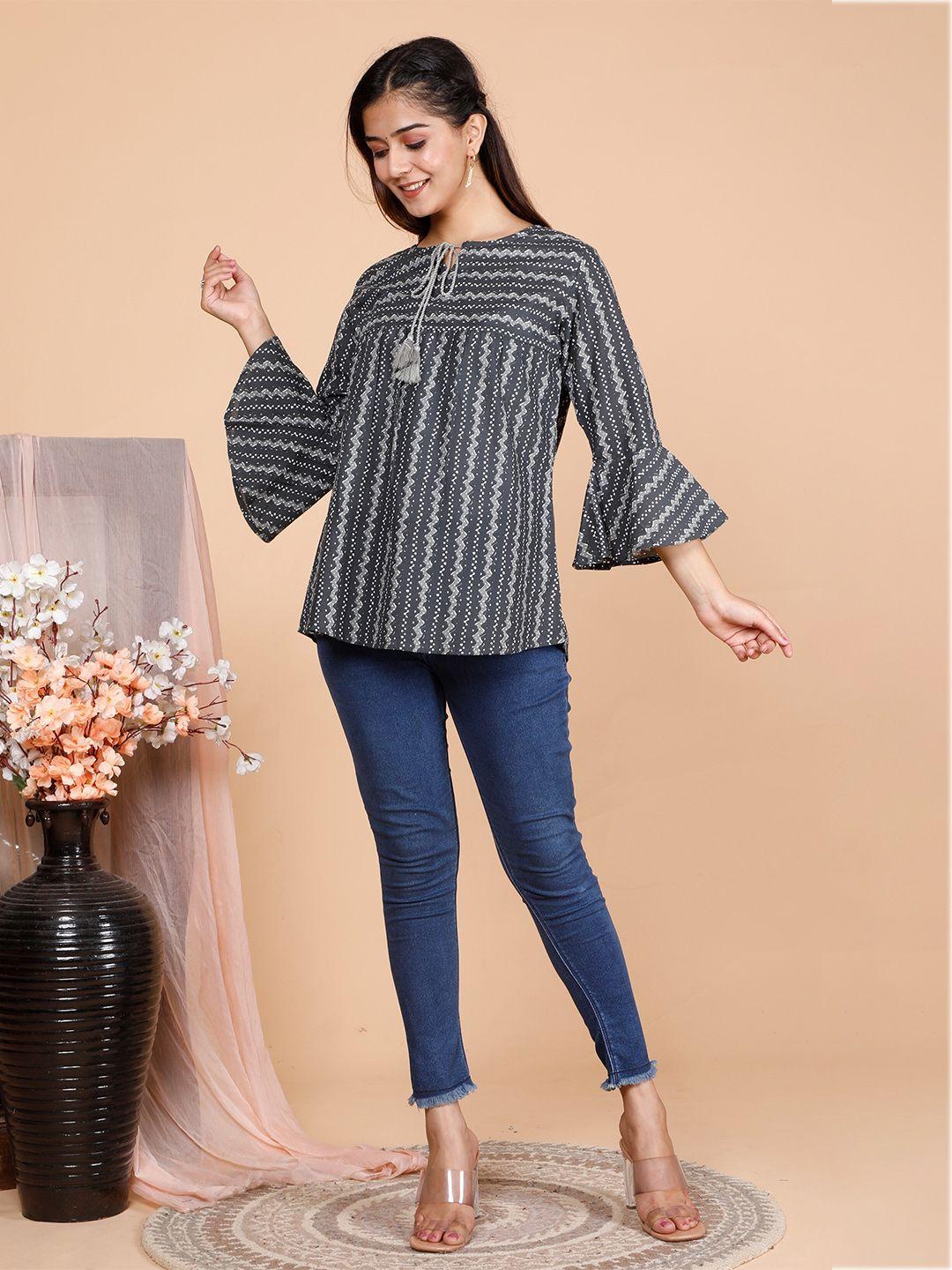 misbis striped tie-up neck a-line pure cotton top