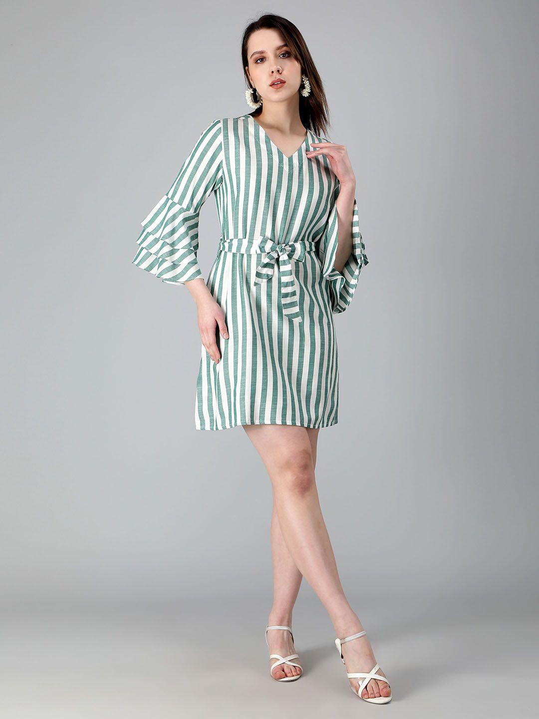 misbis striped v-neck bell sleeves waist tie-up pure cotton dress