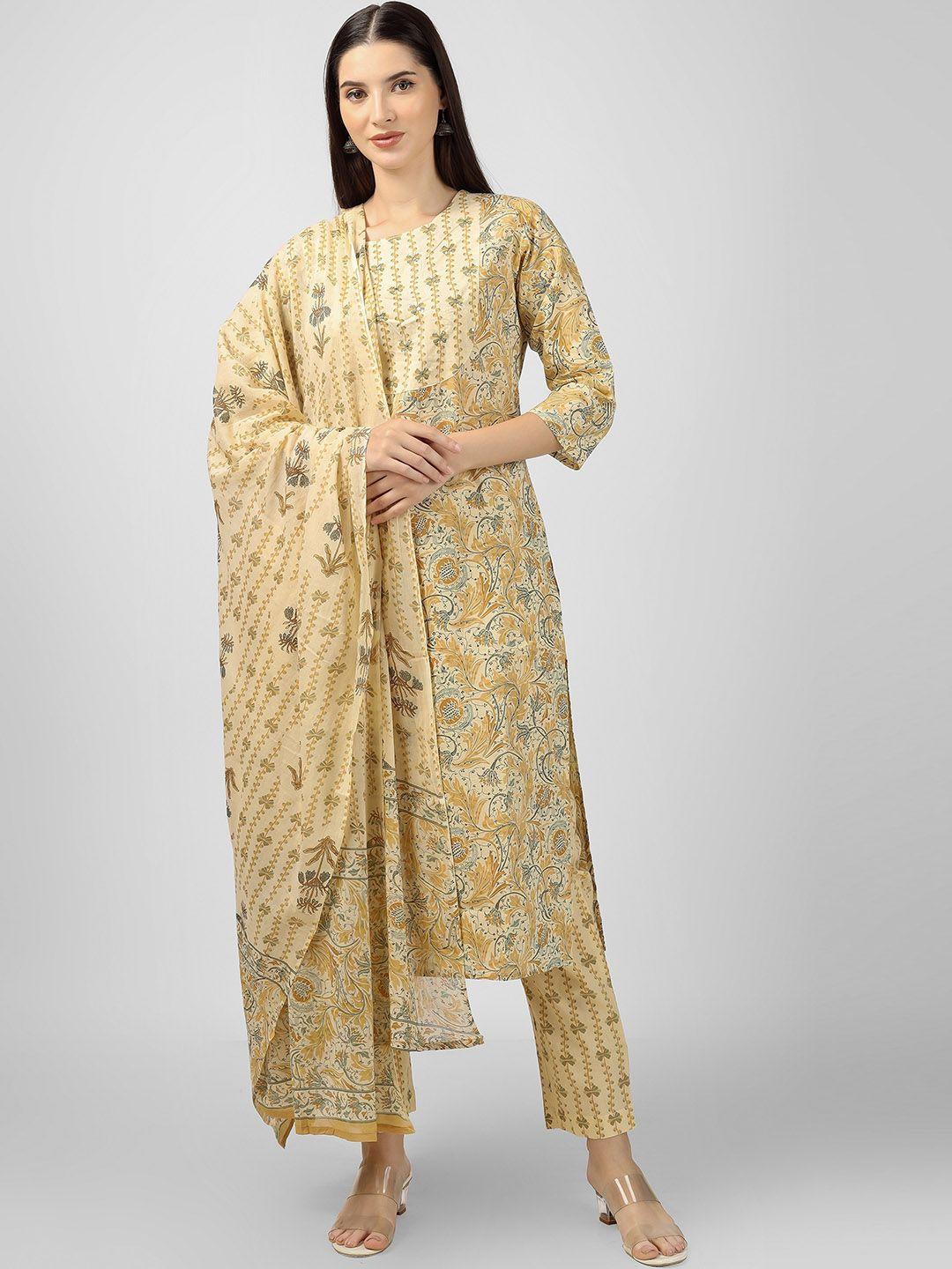 misbis women beige ethnic motifs printed regular thread work pure cotton kurta with trousers & with dupatta