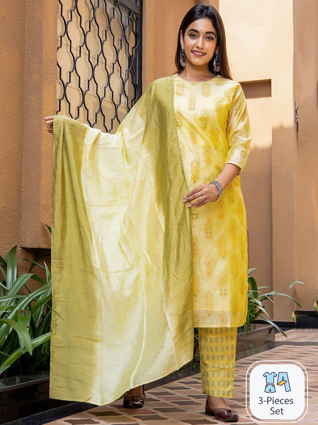 misbis women ethnic motifs printed regular chanderi cotton kurta with trousers & dupatta