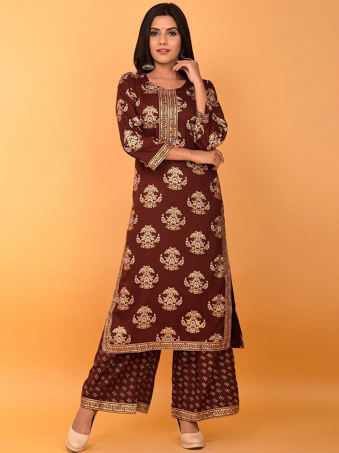 misbis women maroon ethnic motifs printed kurta with palazzos