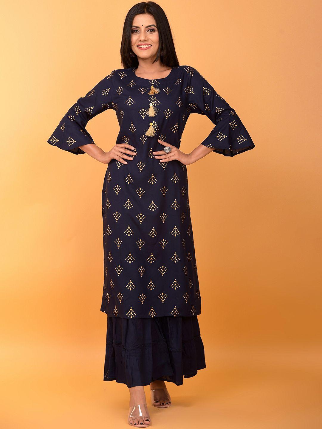 misbis women navy blue ethnic motifs printed kurta with sharara