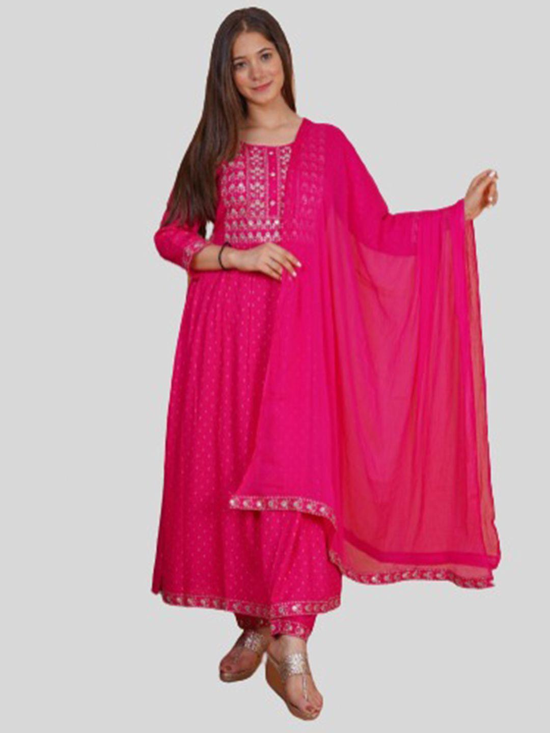 misbis women pink embroidered thread work kurta with salwar & dupatta