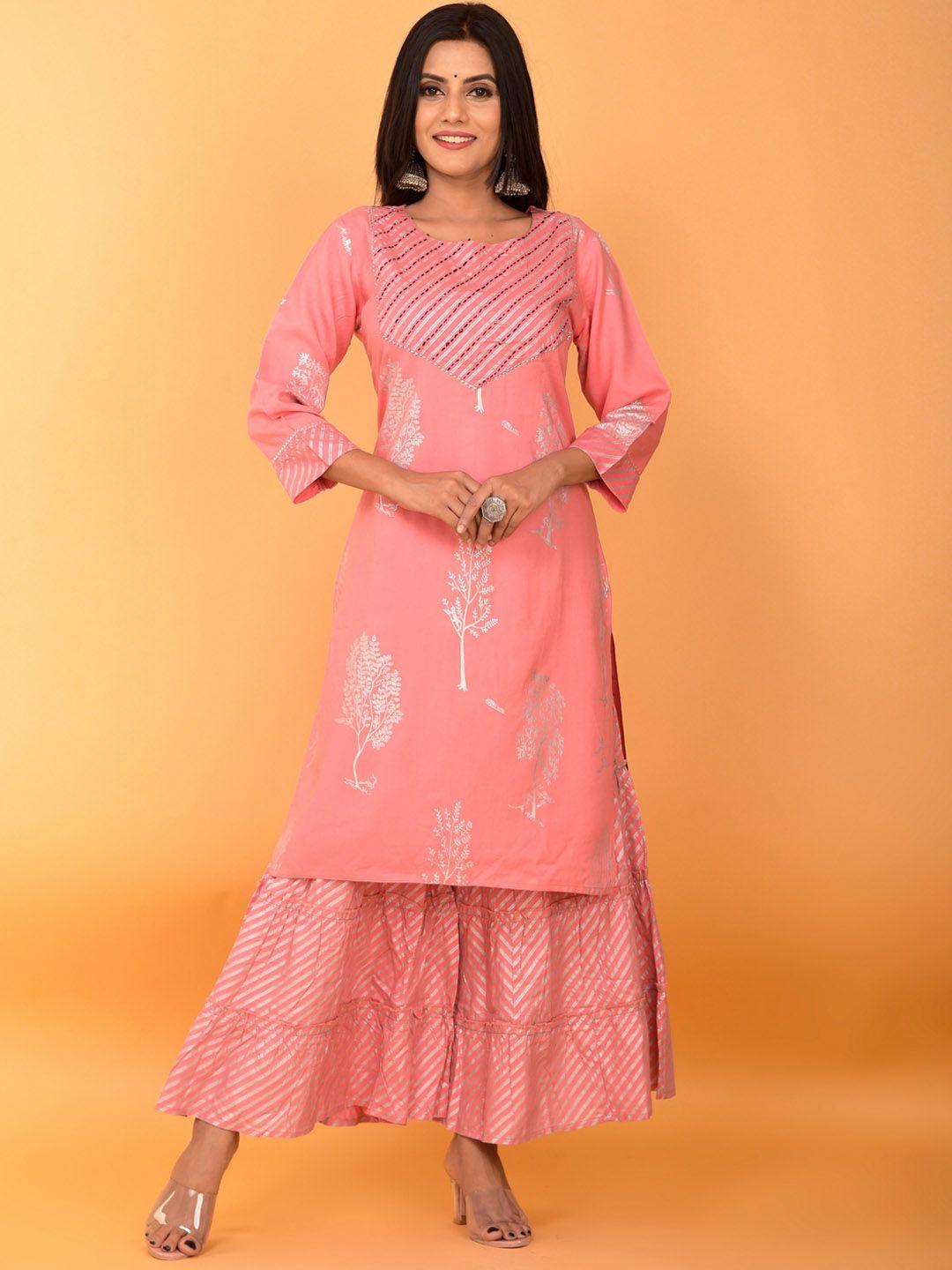 misbis women pink floral printed kurta with sharara