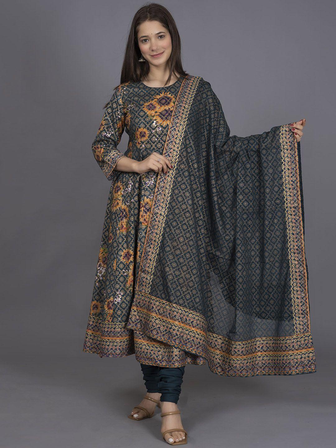 misbis women teal printed kurta with trousers & with dupatta