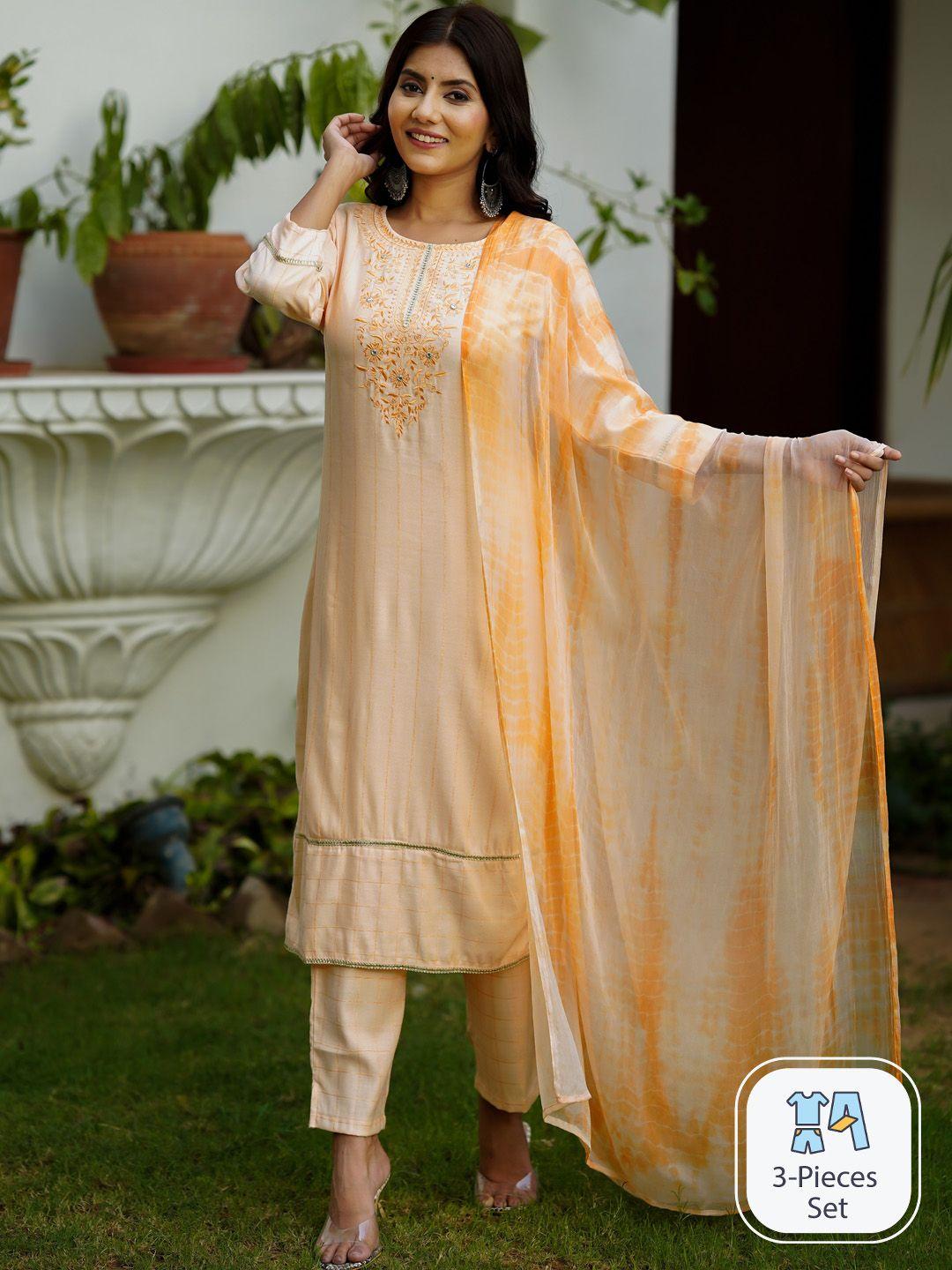 misbis woven design striped thread work detail straight kurta & trousers with dupatta