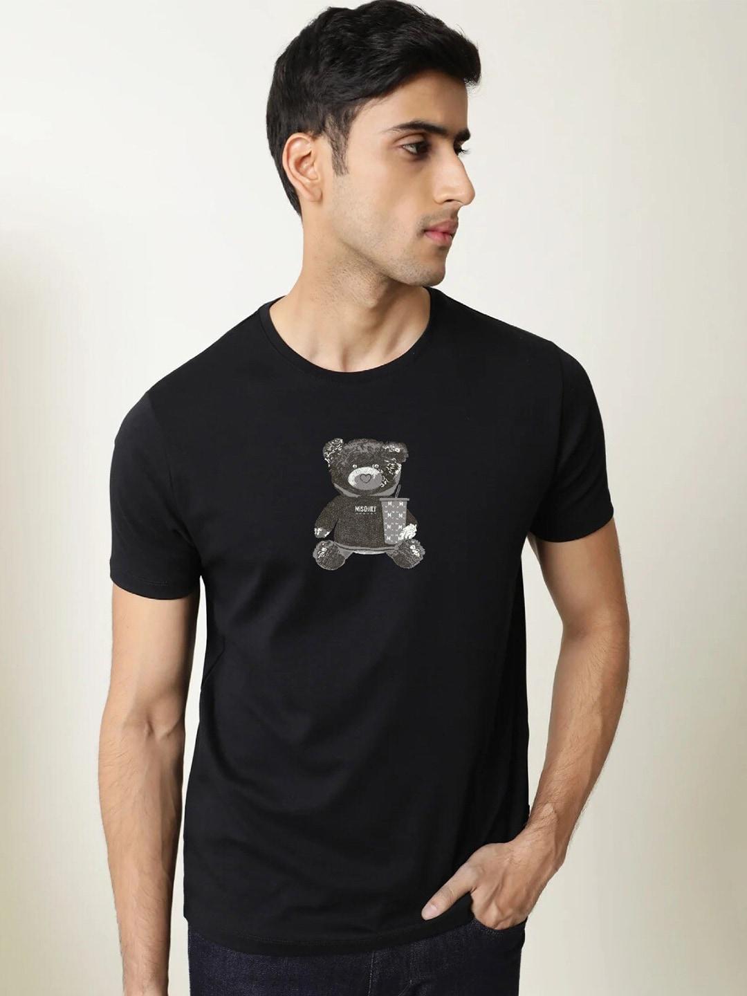 mischief monkey men black printed v-neck pure cotton applique t-shirt
