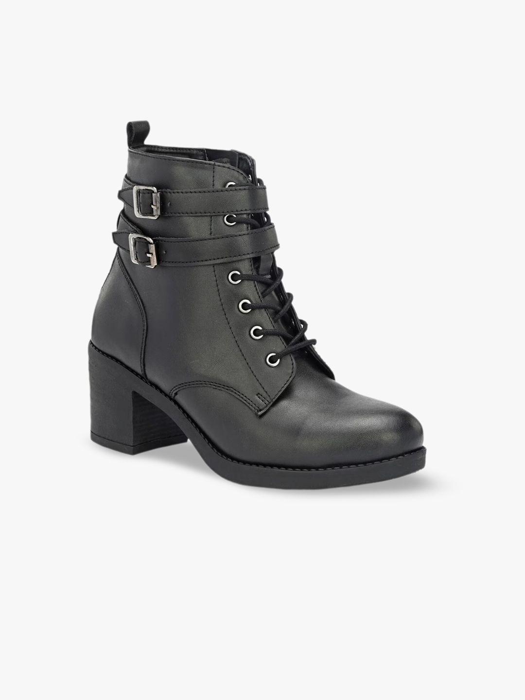 miseen women mid top block heel regular boots with dual strap detail
