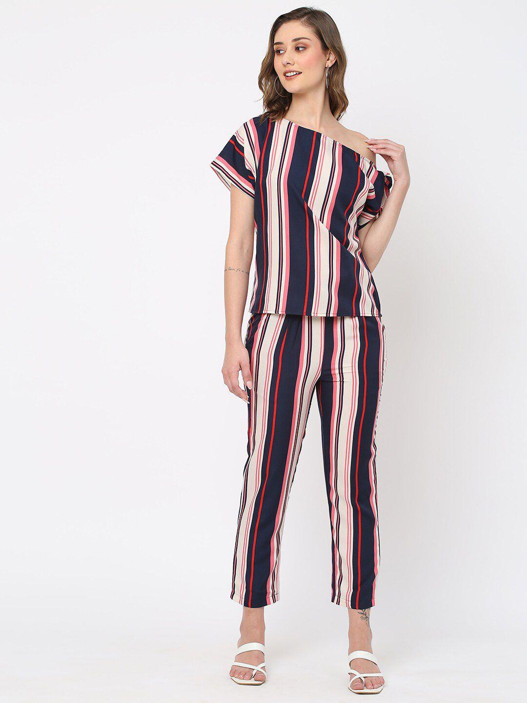 mish cream-color & pink one-shoulder striped top with trousers