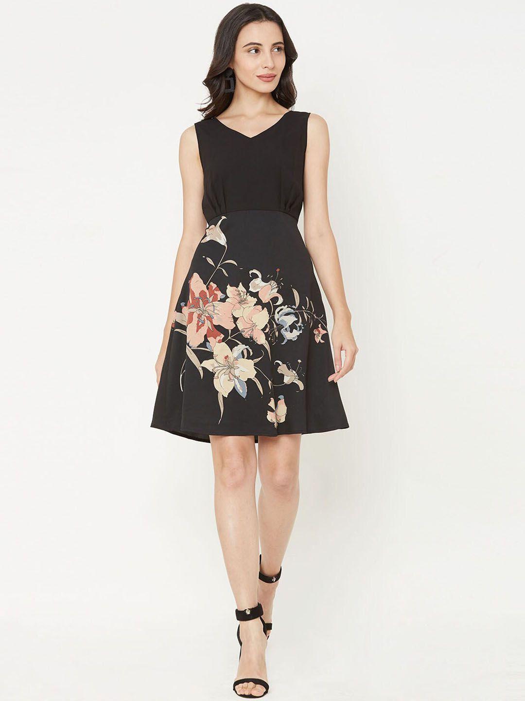 mish women black & pink floral printed fit and flare dress