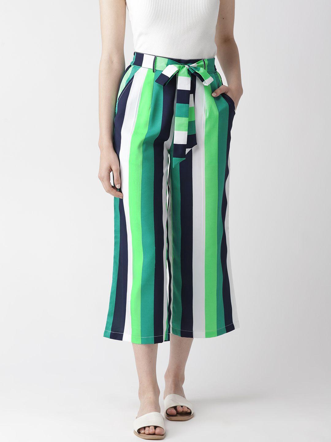 mish-women-green-&-white-comfort-loose-fit-striped-culottes