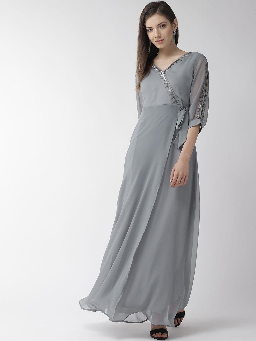 mish women grey solid wrap maxi dress