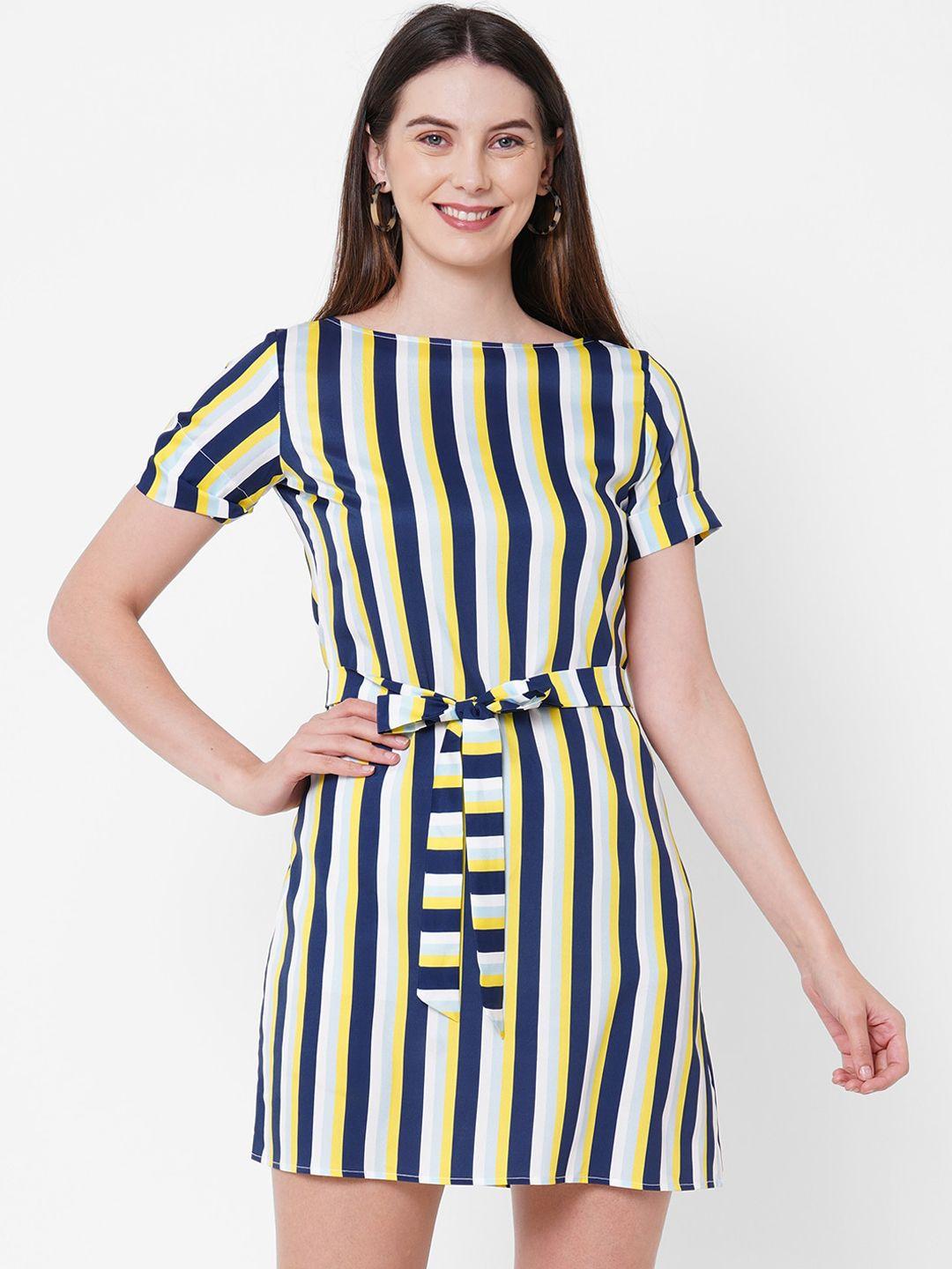 mish women navy blue & white striped belted crepe a-line dress