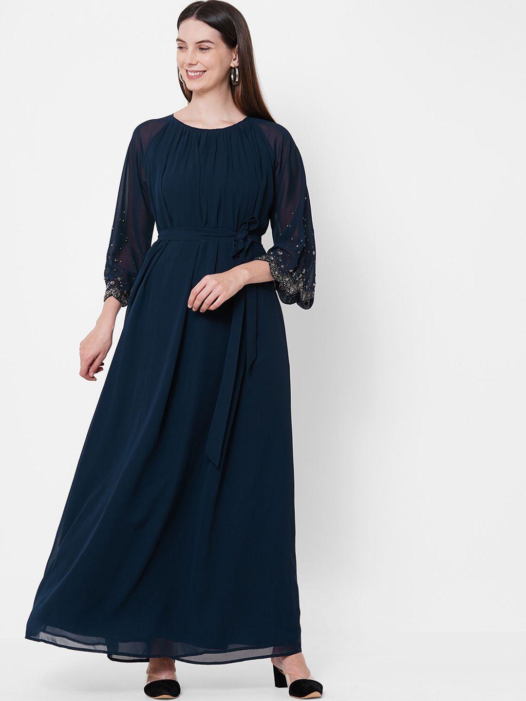mish women navy blue embellished georgette maxi dress