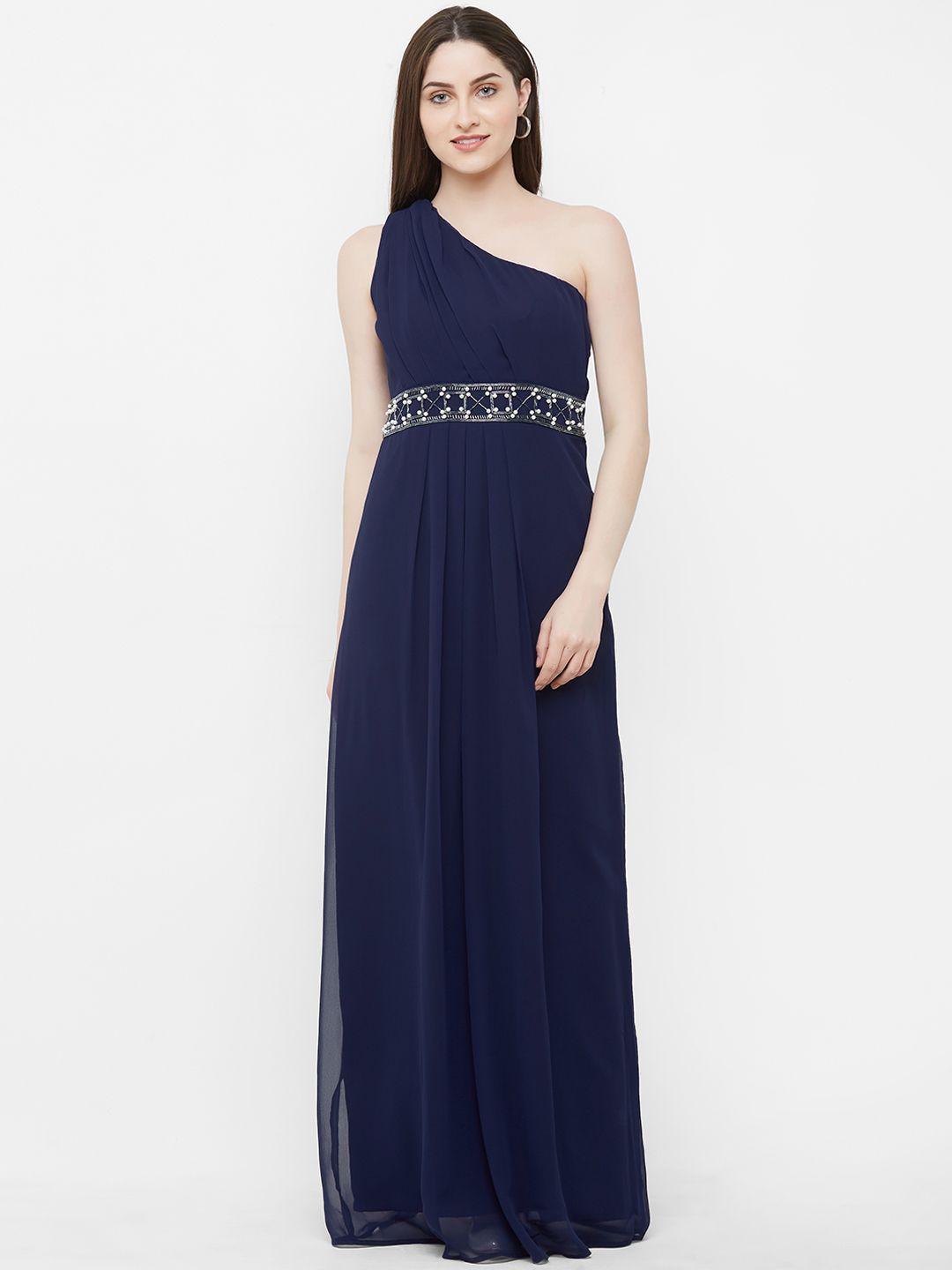 mish women navy blue solid embellished maxi dress