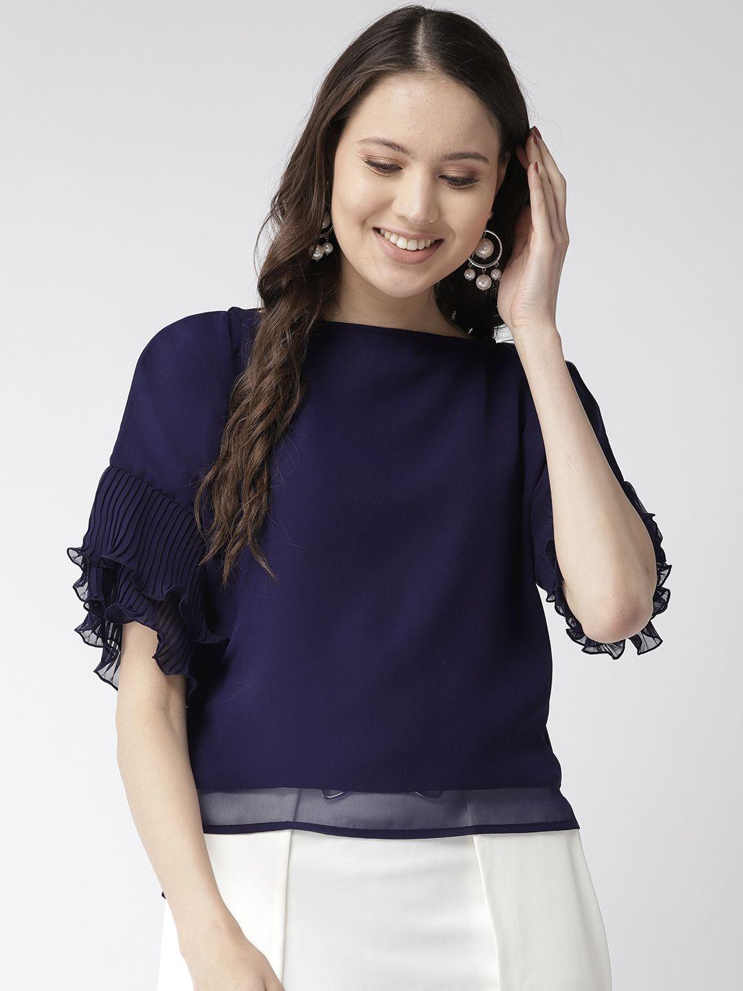 mish women navy blue solid top with accordian sleeves