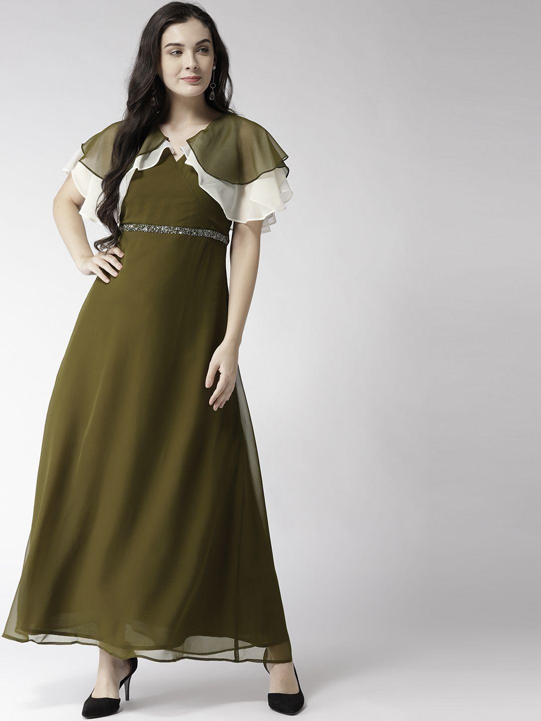 mish women olive green solid layered maxi dress