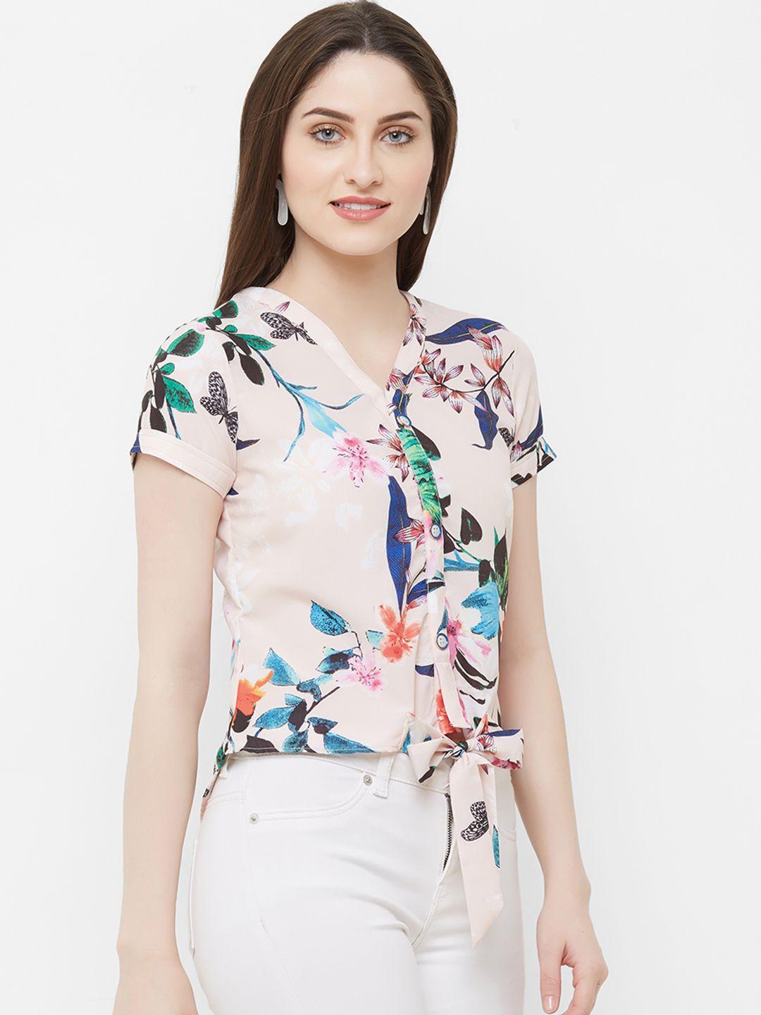 mish women peach-coloured floral print shirt style top