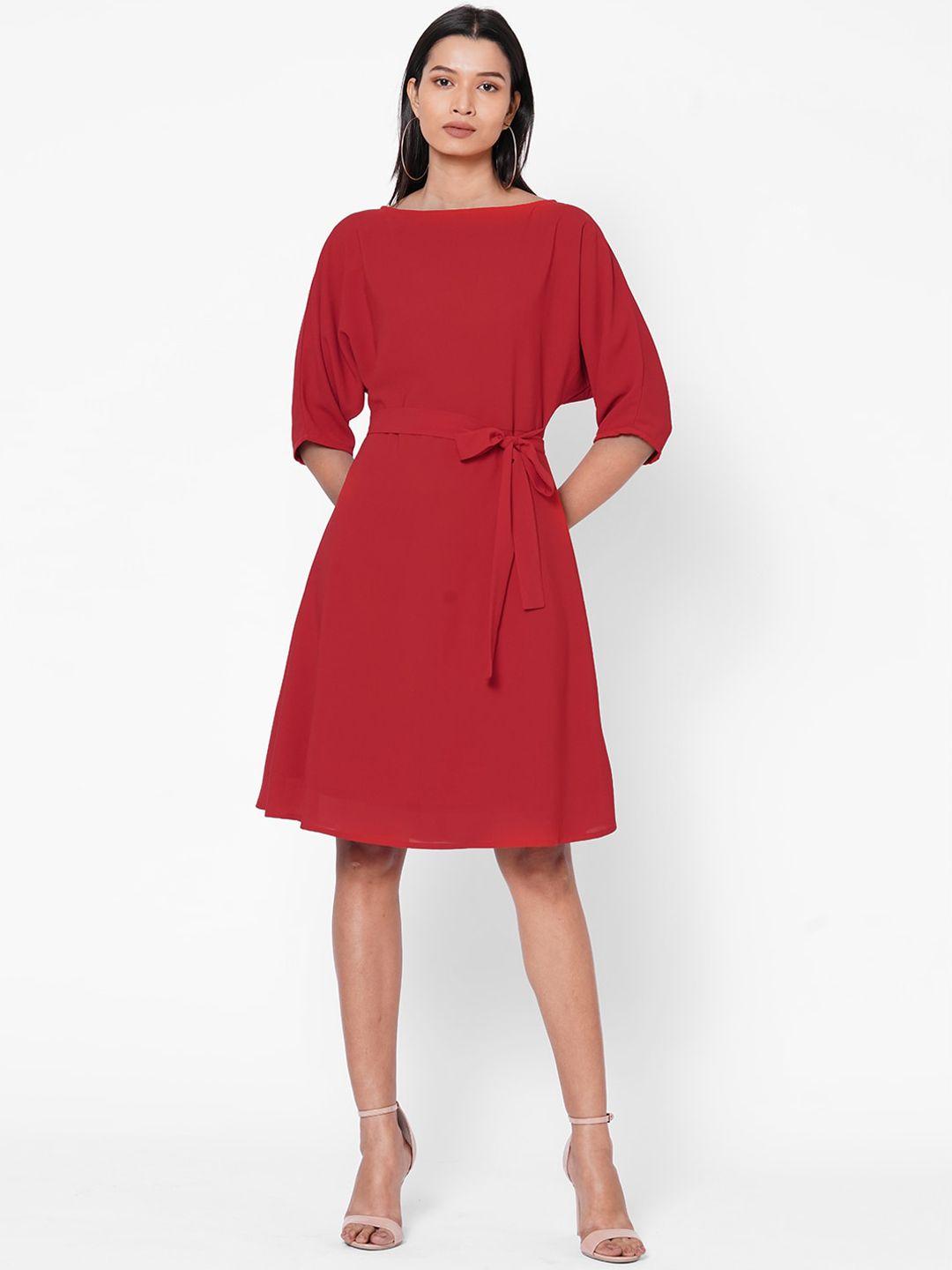 mish women red solid fit and flare dress