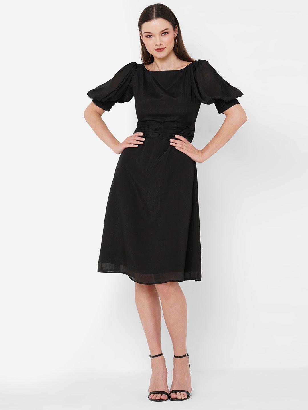 mish black puff sleeves ruched a-line dress