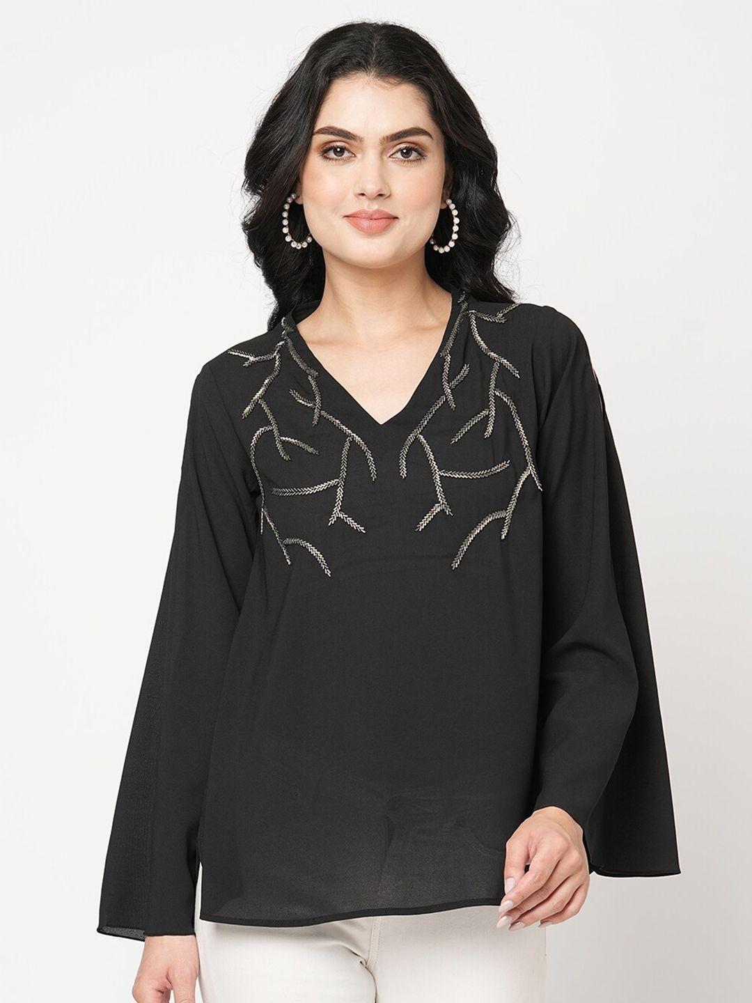 mish black v-neck embroidered cuffed sleeves top