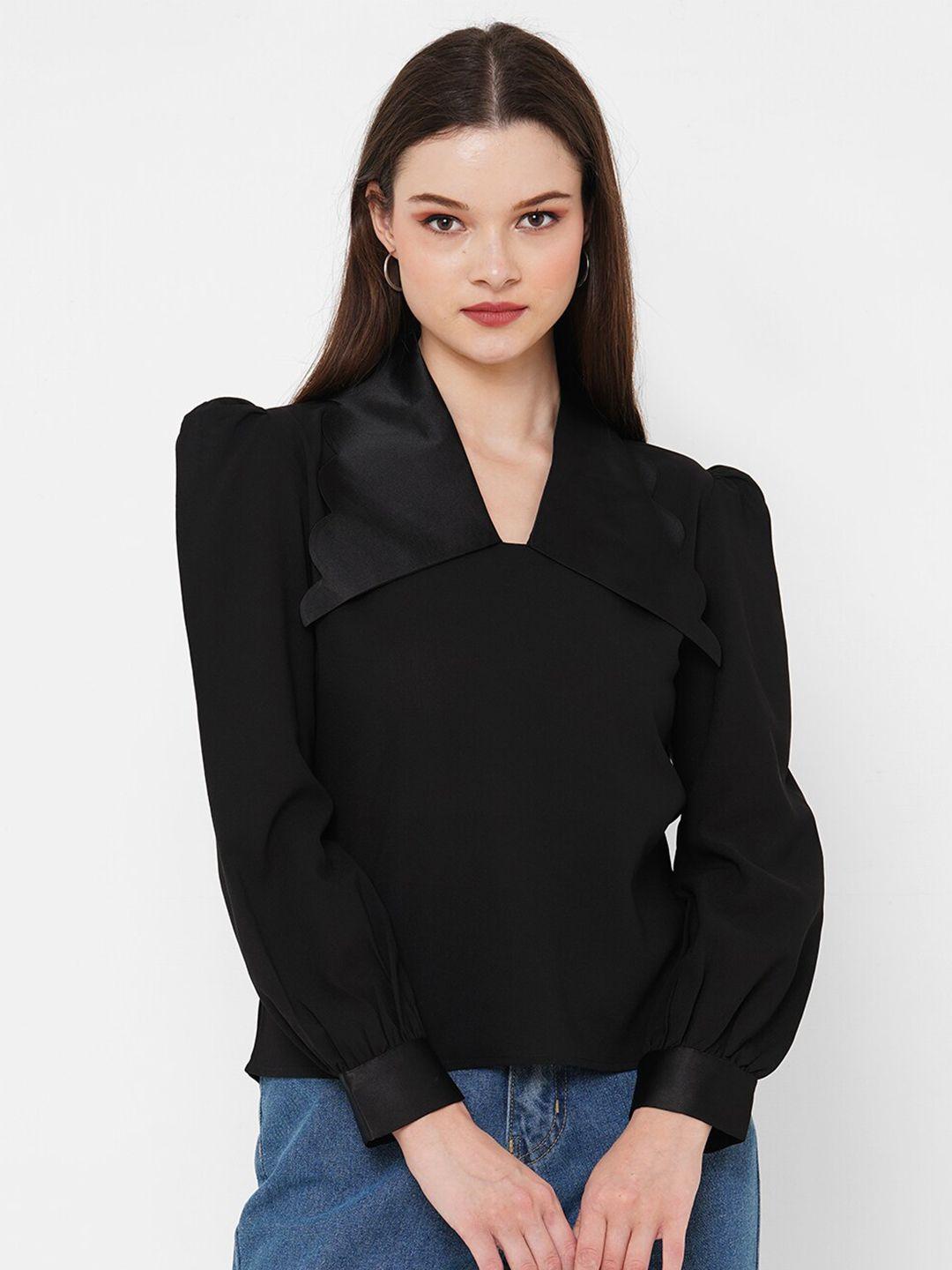 mish black v-neck puff sleeves sheen georgette top