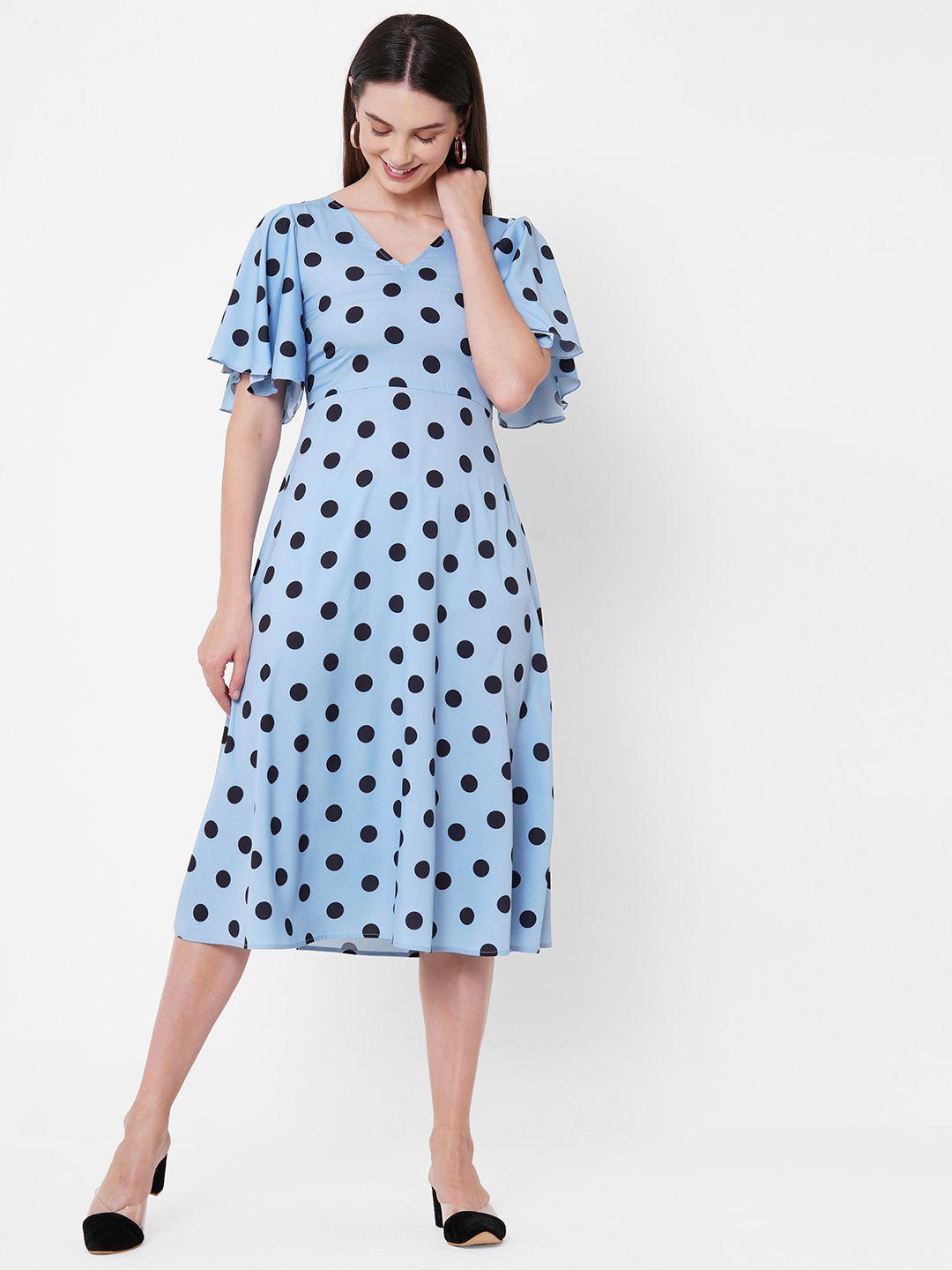 mish blue polka dot printed midi dress