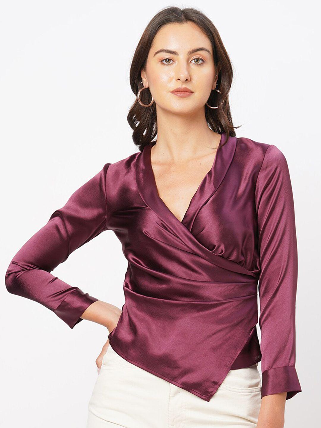 mish cuffed sleeves v-neck satin wrap top