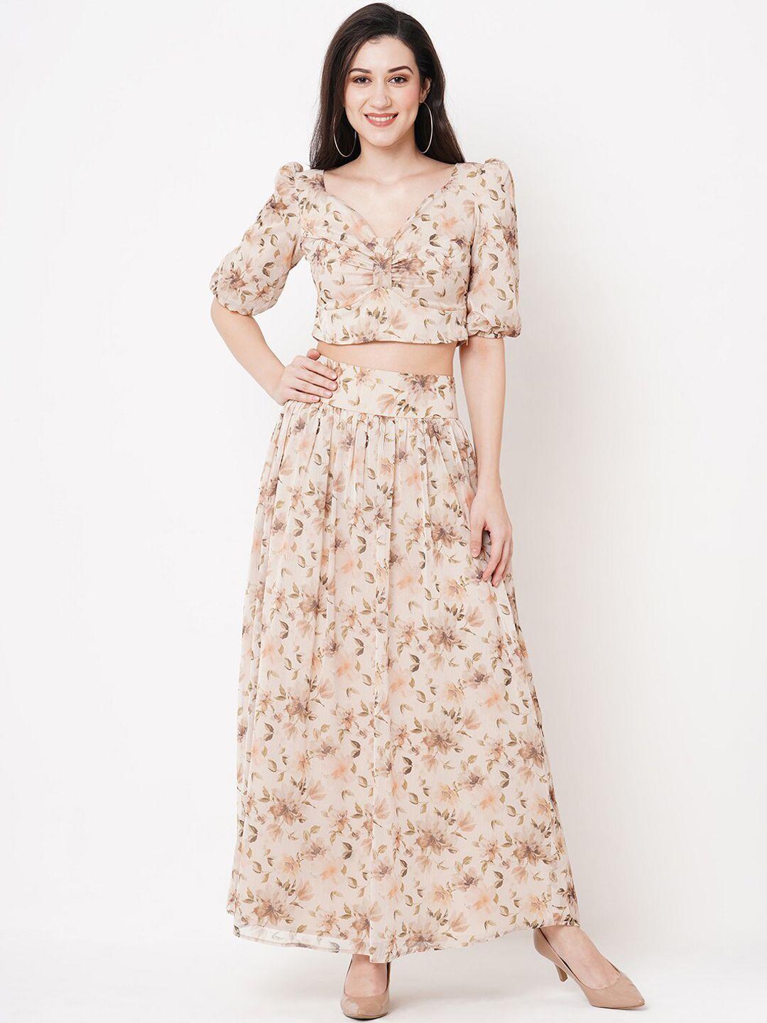 mish floral printed puff sleeves v-neck top & skirt co-ords
