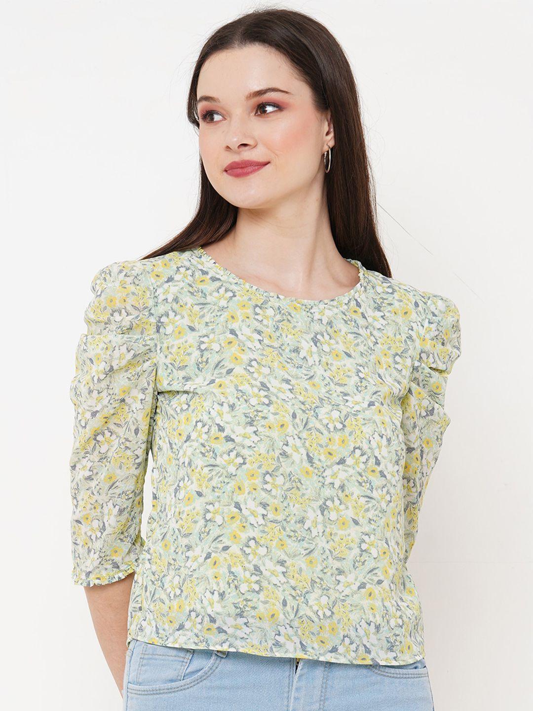 mish green & yellow puff sleeves pleated floral printed top