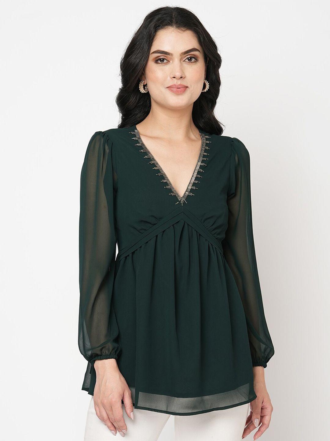 mish green embroidered v-neck cuffed sleeves top