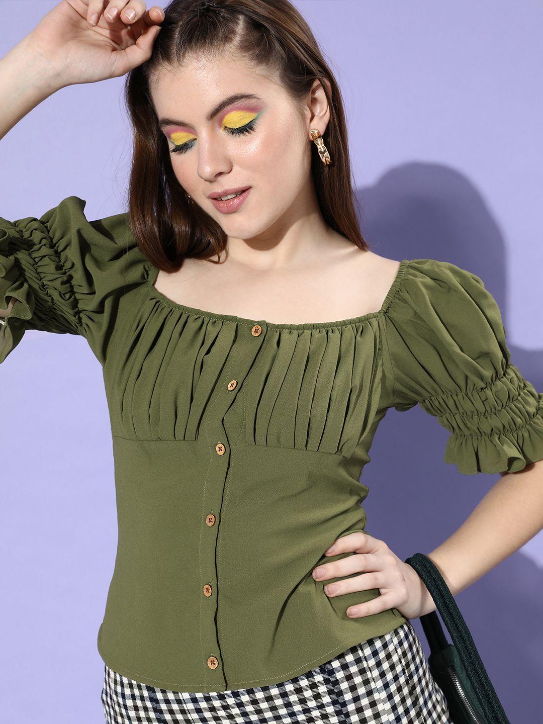 mish green solid pleated georgette top