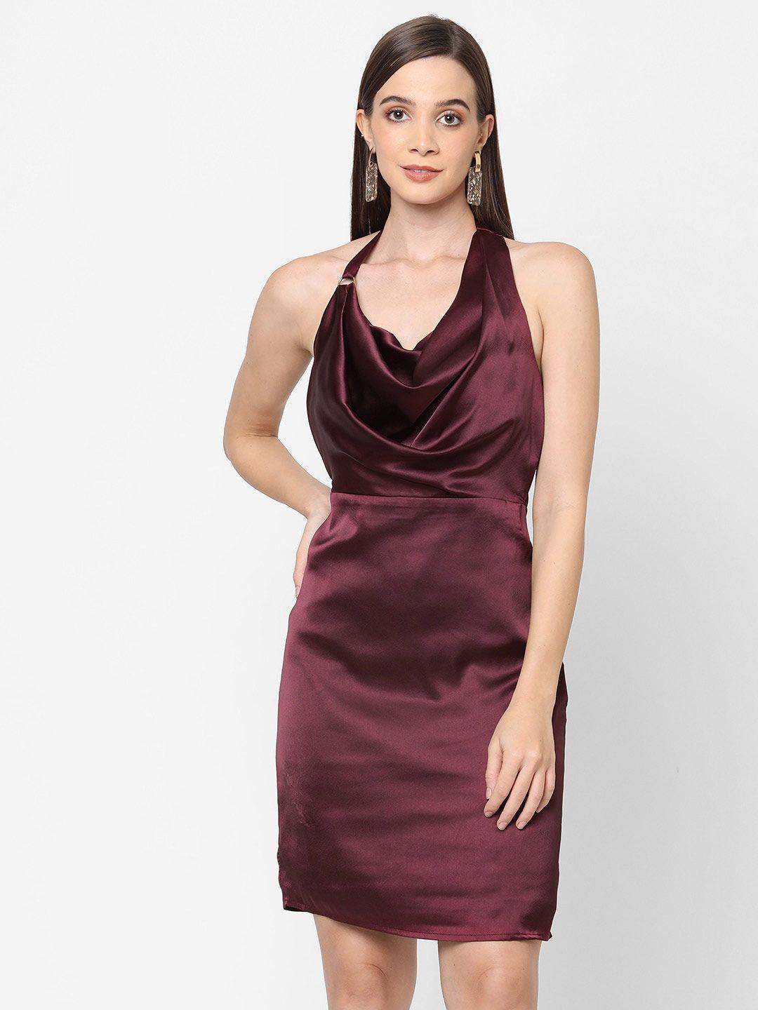 mish maroon choker neck satin sheath dress