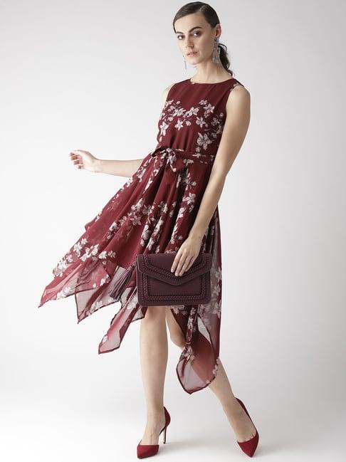 mish maroon floral print high low dress