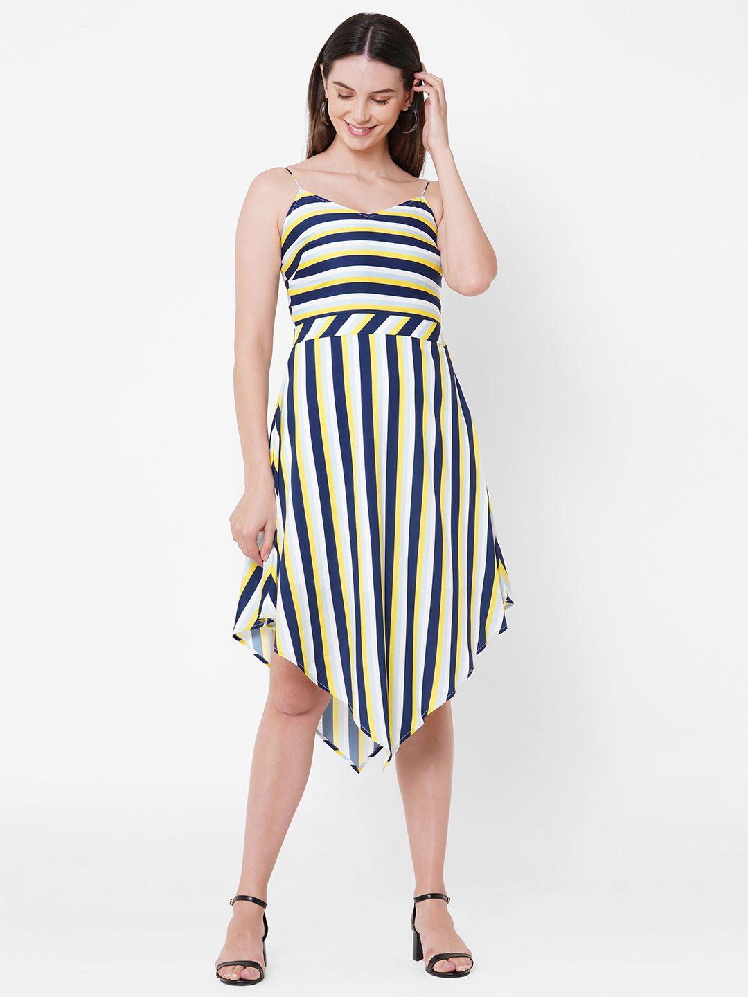 mish navy blue & yellow striped crepe midi dress