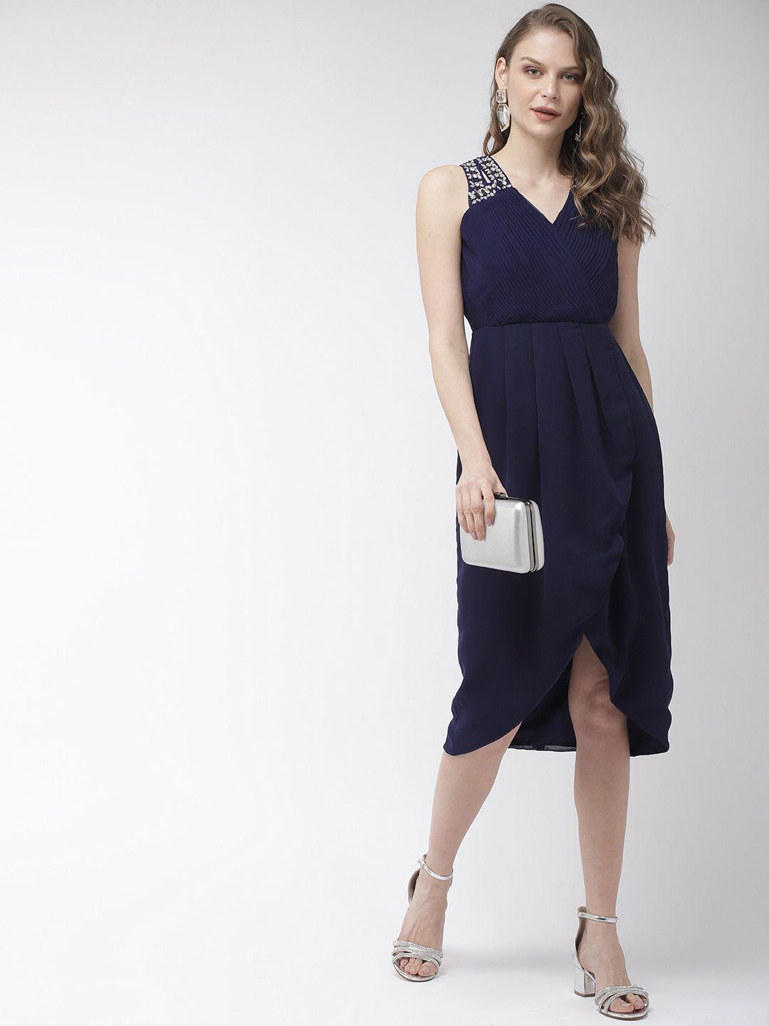 mish navy blue accordion pleated wrap party dress