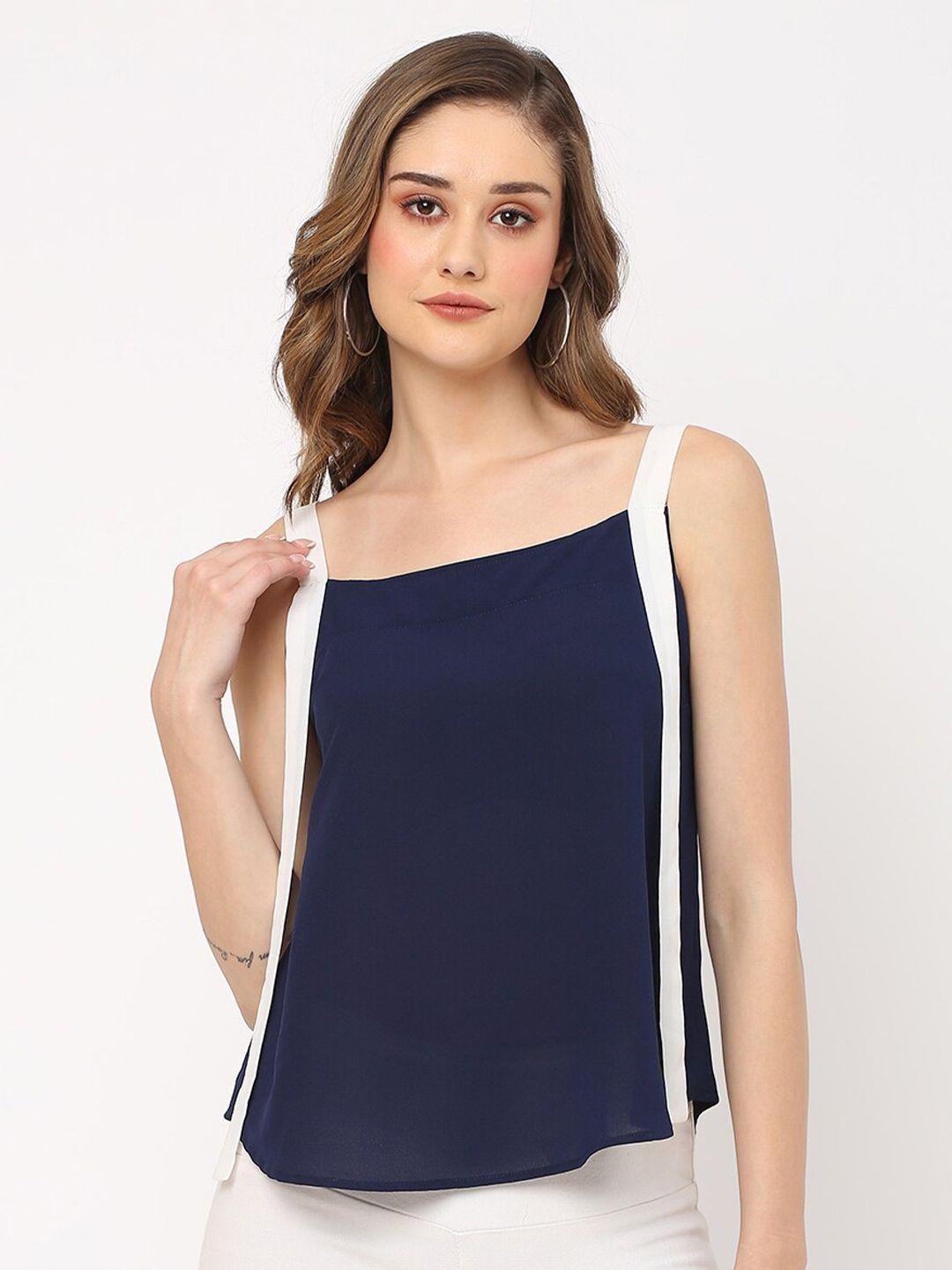 mish navy blue colourblocked sleeveless georgette top