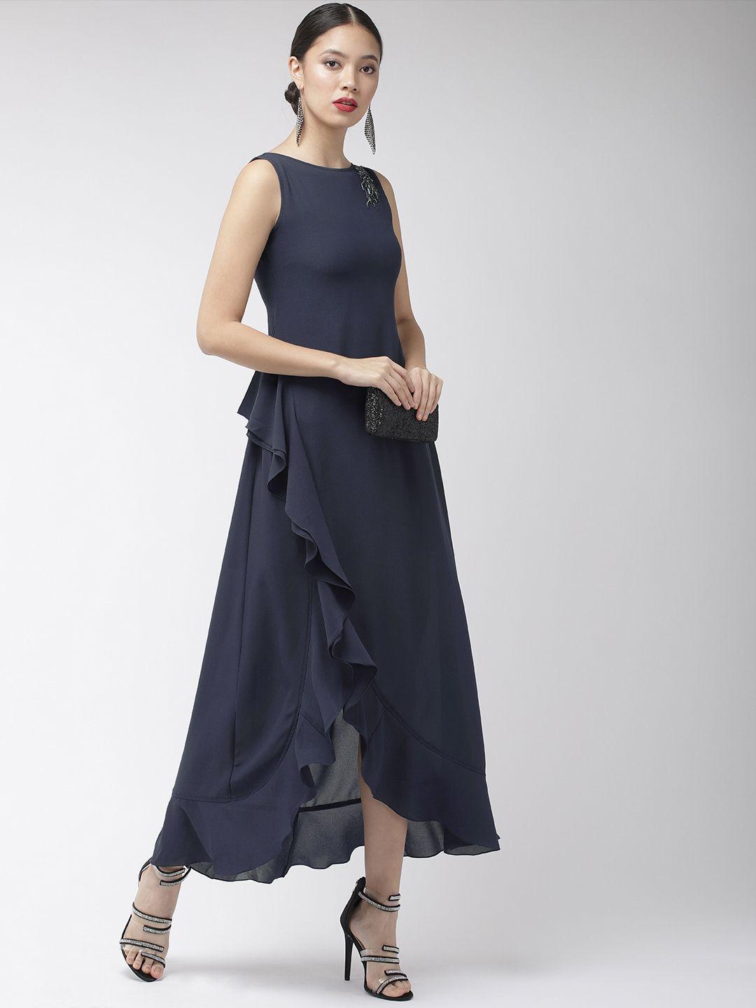 mish navy blue ruffled party maxi dress