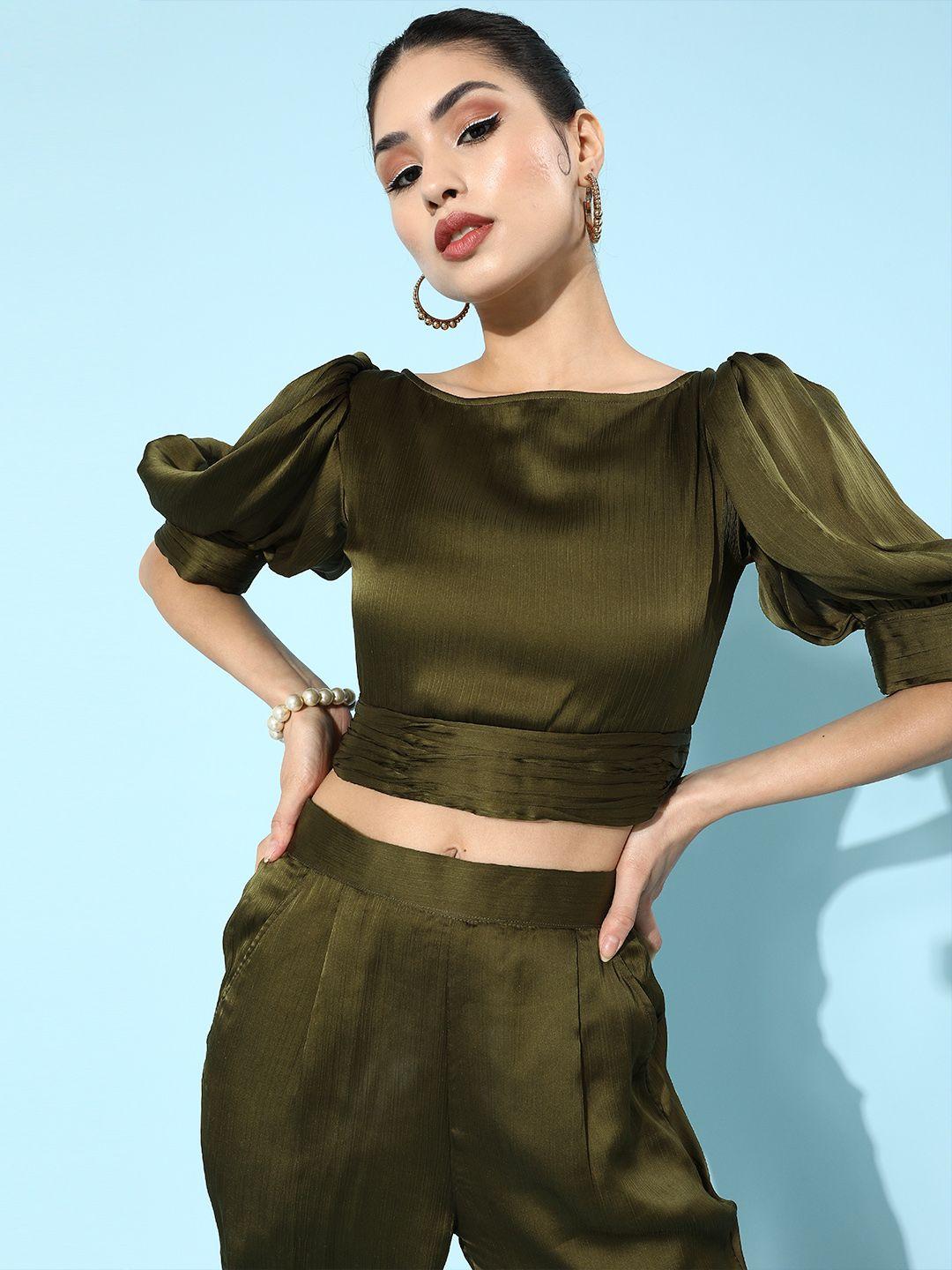 mish olive green trousers & fitted crop top co-ord set