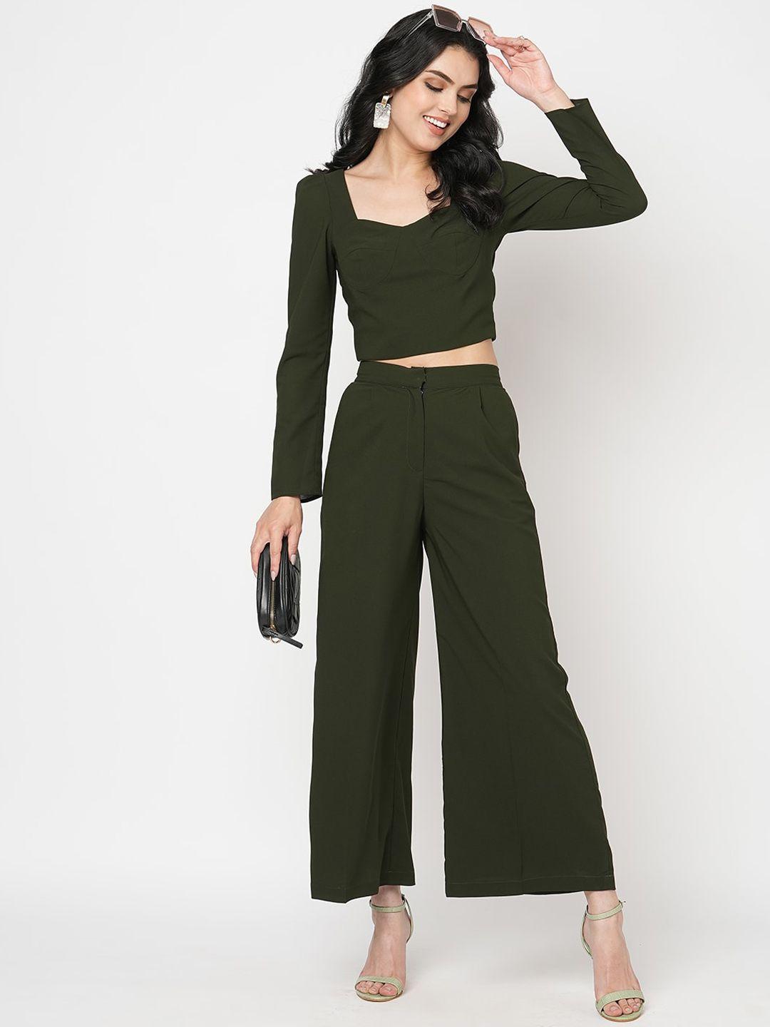 mish olive sweetheat neck crop top with wide leg trousers