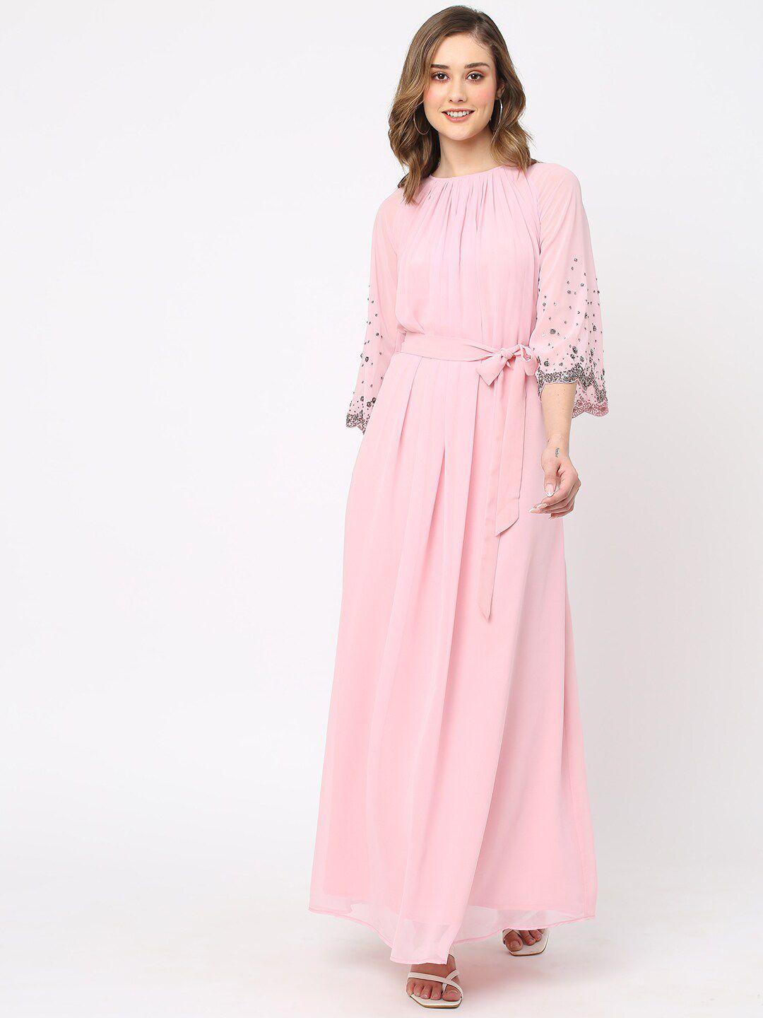 mish pink embellished flared sleeves fit & flare maxi dress