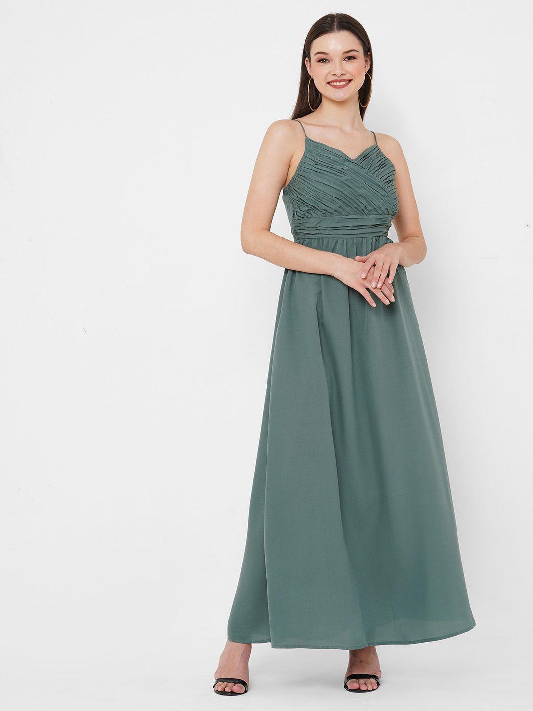 mish sea green shoulder strap pleated fit & flare maxi dress