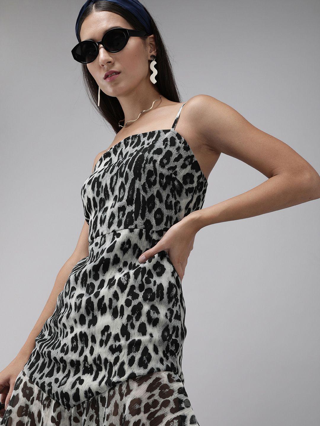 mish splendid grey and black animal printed flounced hem sheath dress