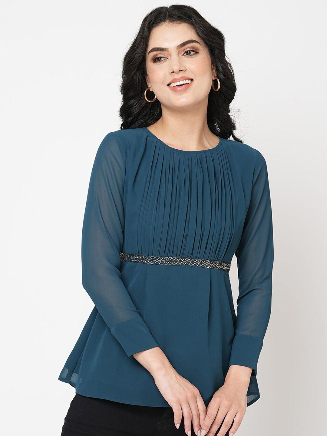 mish teal gathered or pleated round neck top