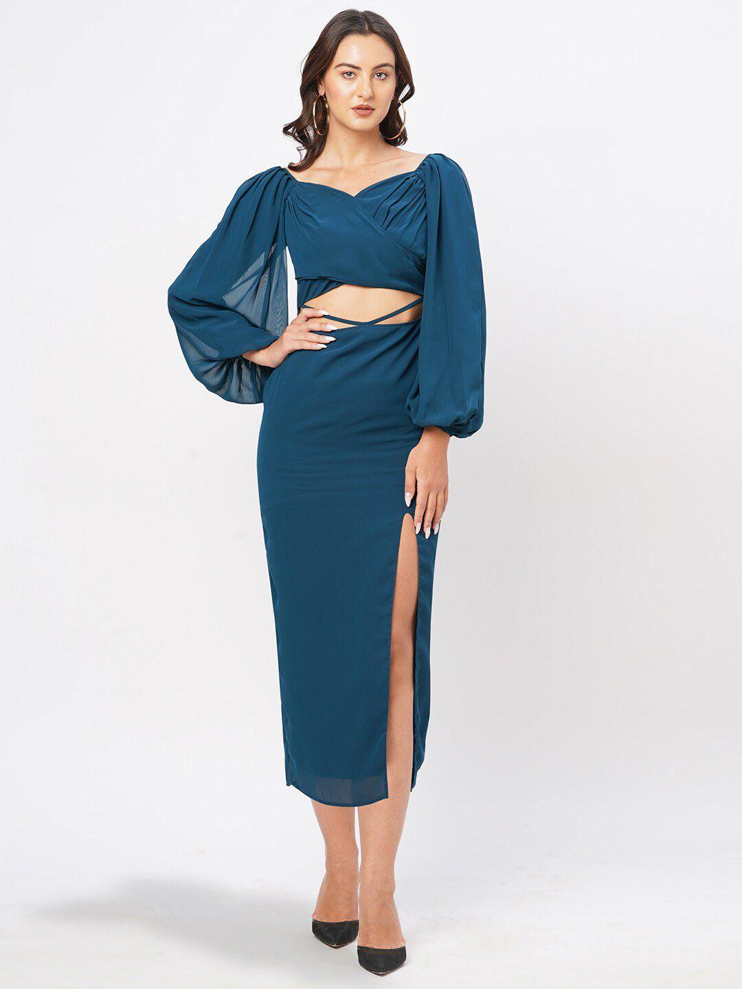 mish teal sweetheart neck cut-out sheath midi dress