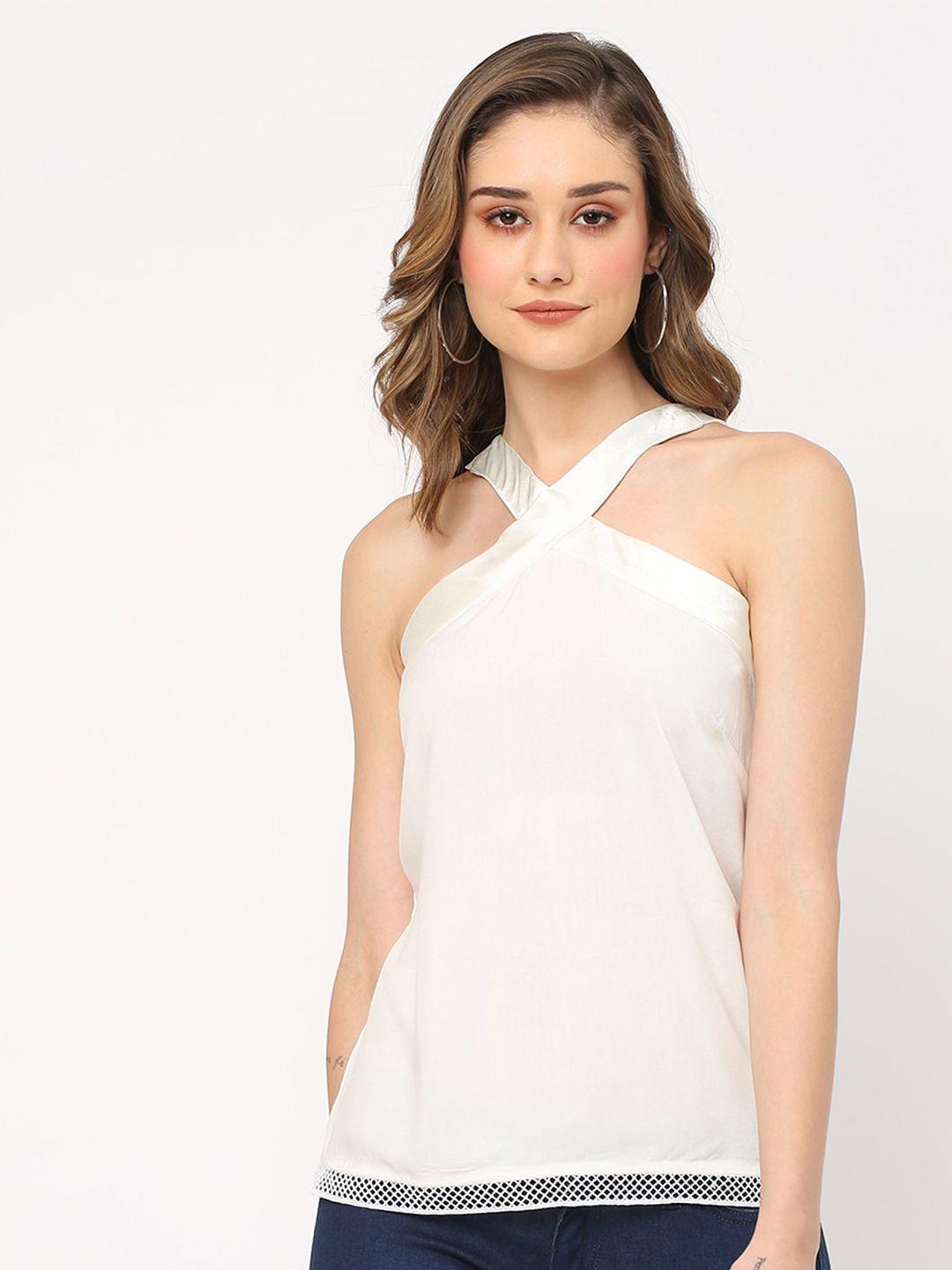 mish white halter neck cut-out hem georgette top