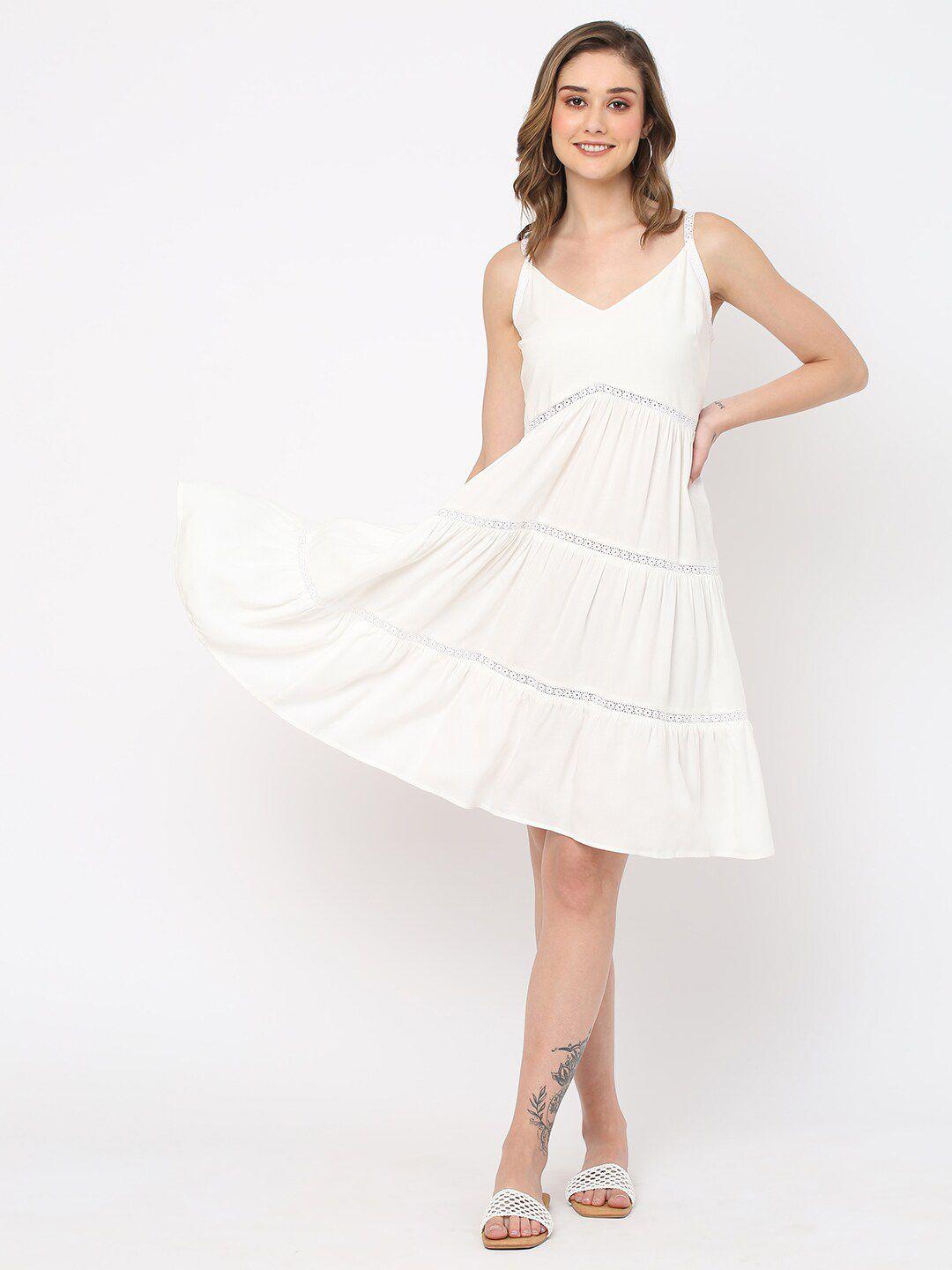 mish white shoulder straps tiered fit & flare dress